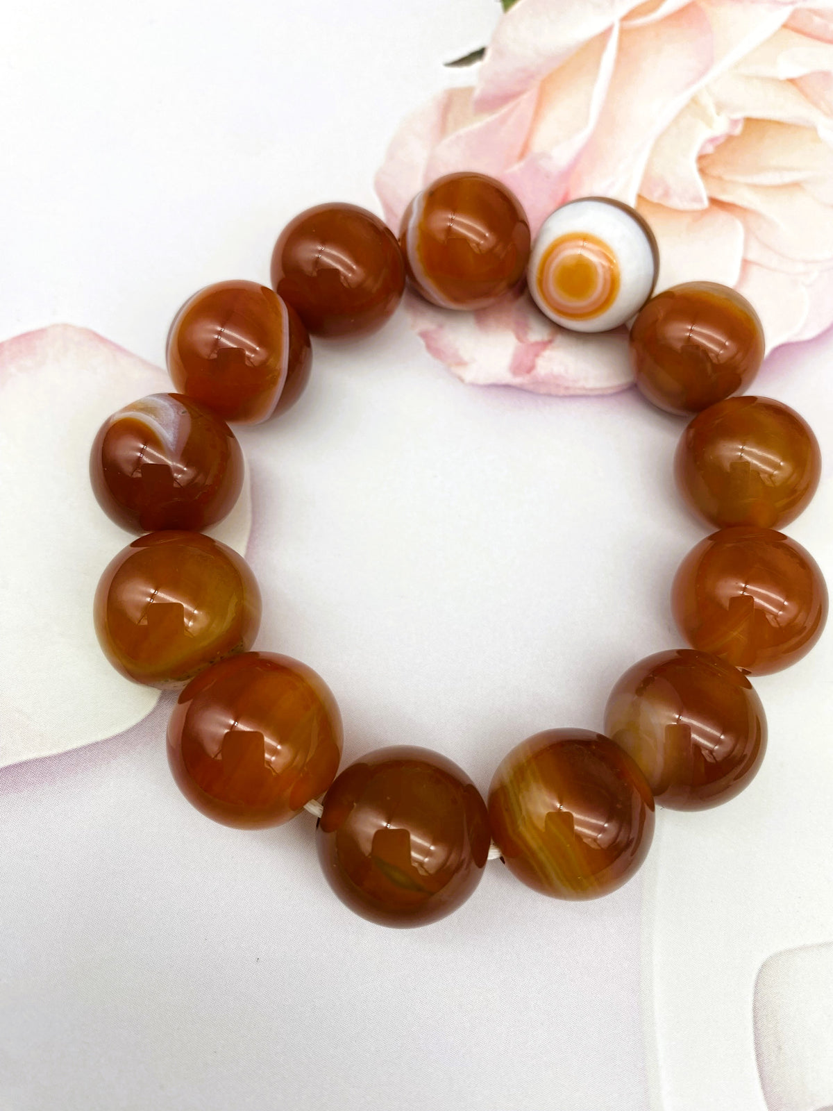 Sardonyx Red Agate Gemstone14mm & 15.5mm Round Beads Stretch Bracelet 7.5 Inch Unisex