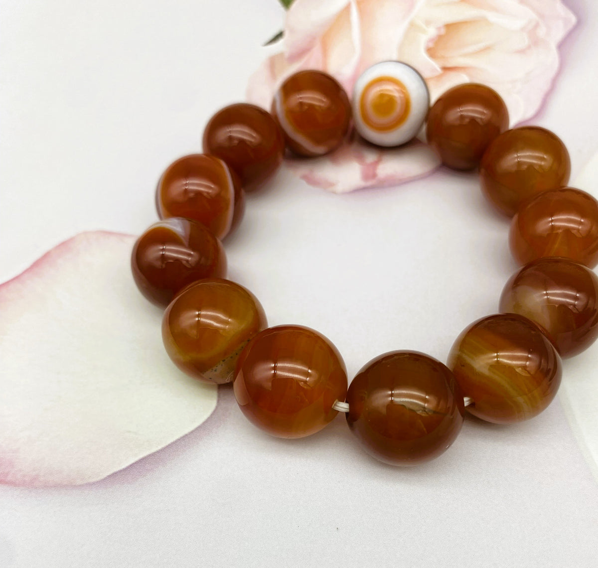 Sardonyx Red Agate Gemstone14mm & 15.5mm Round Beads Stretch Bracelet 7.5 Inch Unisex